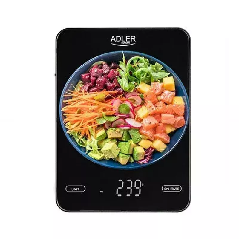 Báscula de cocina electrónica Adler AD 3177b – capacidad 10 kg, precisión 1 g, negra, superficie de cristal