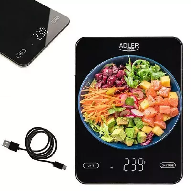 Báscula de cocina electrónica Adler AD 3177b – capacidad 10 kg, precisión 1 g, negra, superficie de cristal