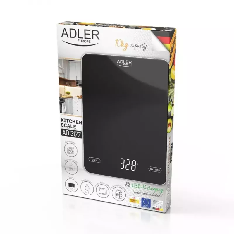 Báscula de cocina electrónica Adler AD 3177b – capacidad 10 kg, precisión 1 g, negra, superficie de cristal