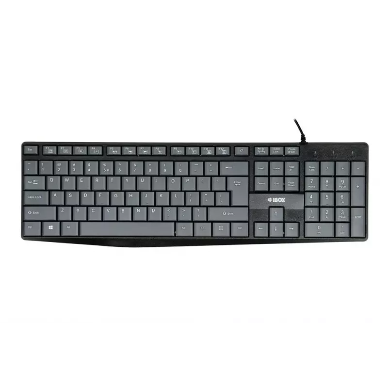 Teclado USB con cable IBOX Eris IKC2010G — tamaño completo 105 teclas, USB, gris/negro, resistente al agua, cable de 1,8 m