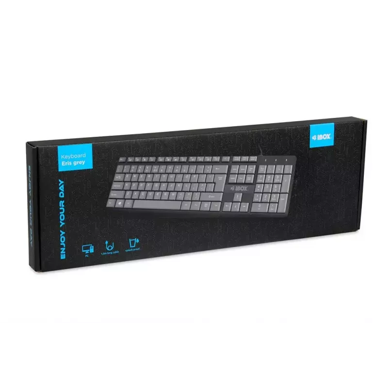Teclado USB con cable IBOX Eris IKC2010G — tamaño completo 105 teclas, USB, gris/negro, resistente al agua, cable de 1,8 m