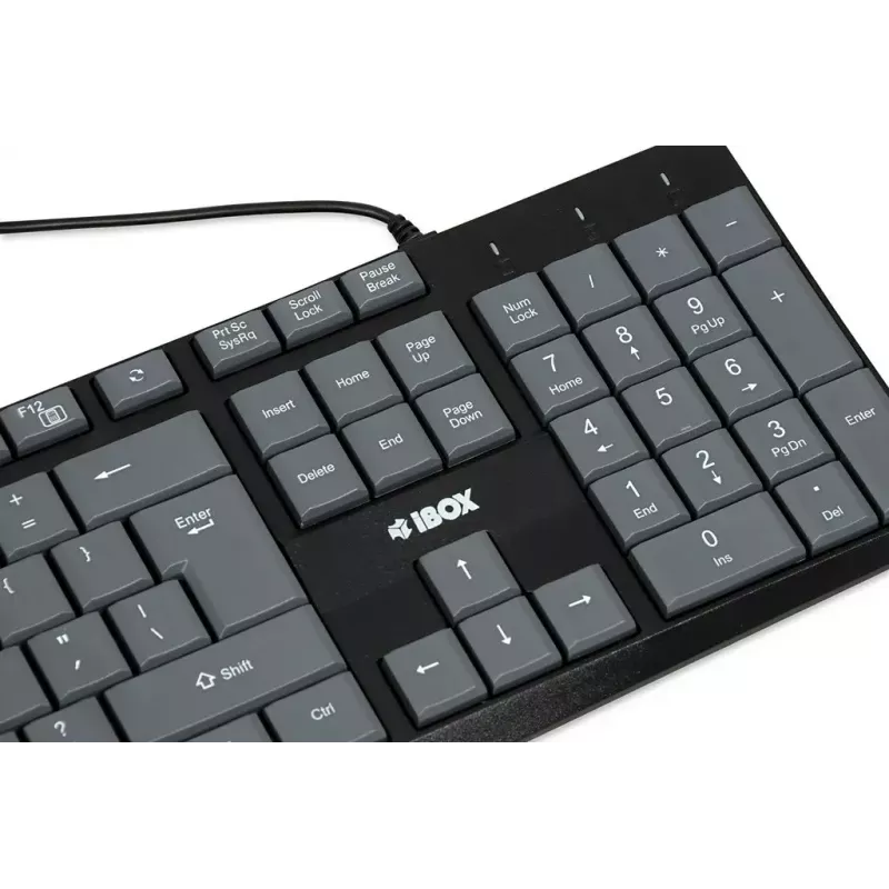 Teclado USB con cable IBOX Eris IKC2010G — tamaño completo 105 teclas, USB, gris/negro, resistente al agua, cable de 1,8 m