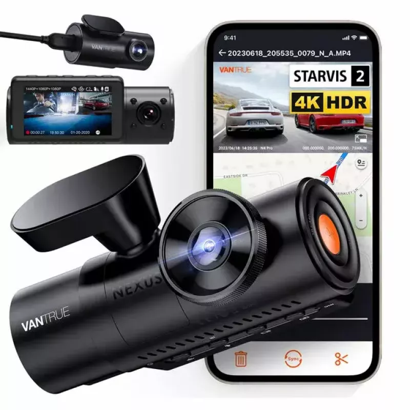 Dashcam VANTRUE N4 PRO dashcam de 3 canales, cámara principal 3840×2160, 165° frontal, 160° interior, GPS, Wi‑Fi, pantalla IPS, MicroSD hasta 512GB
