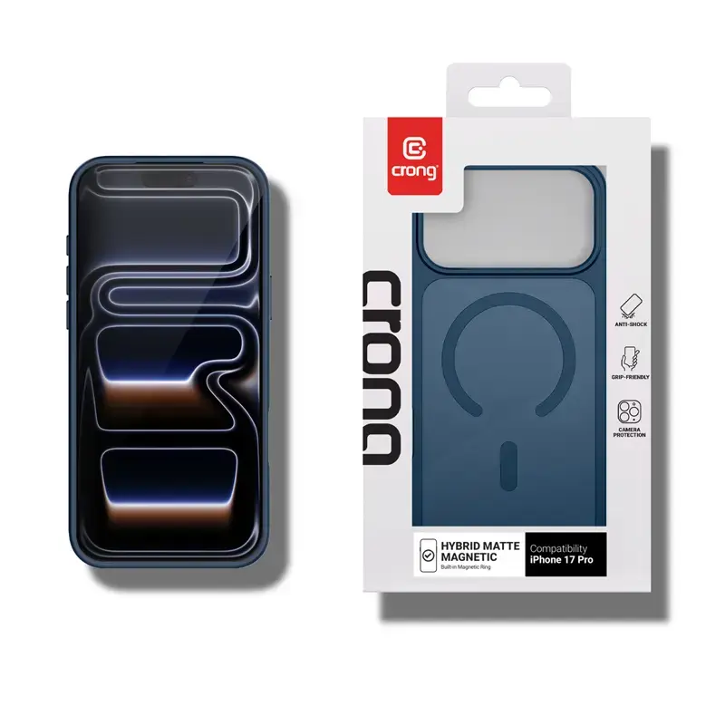 Funda protectora MagSafe Crong Hybrid Matte Magnetic para iPhone 17 Pro — PC + TPU, azul marino translúcido