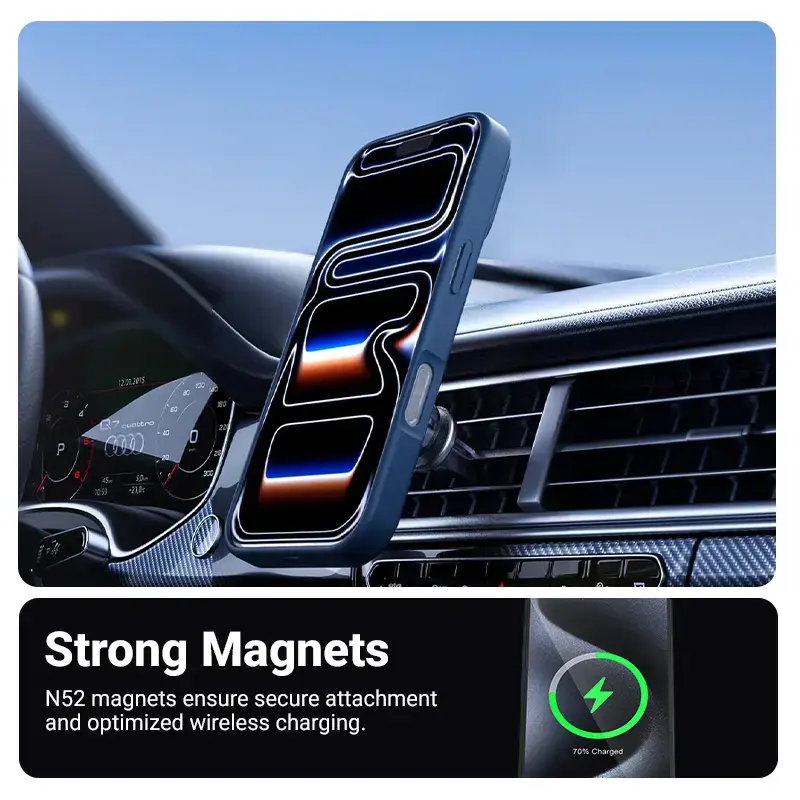 Funda protectora MagSafe Crong Hybrid Matte Magnetic para iPhone 17 Pro — PC + TPU, azul marino translúcido