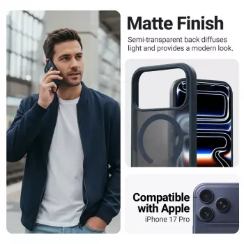 Funda protectora MagSafe Crong Hybrid Matte Magnetic para iPhone 17 Pro — PC + TPU, azul marino translúcido
