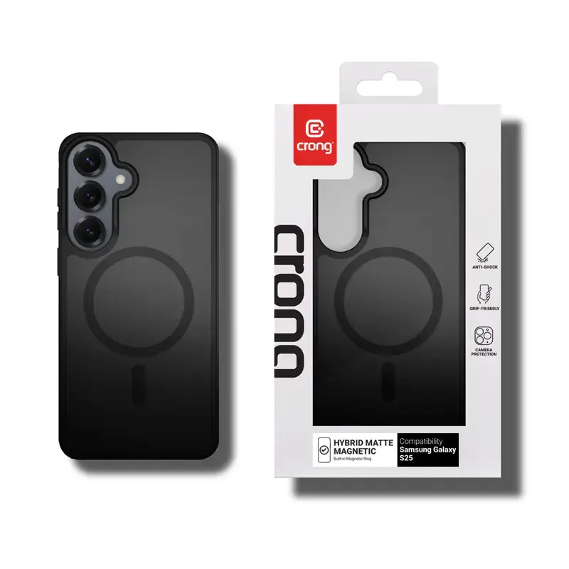 Funda magnética Crong Hybrid Matte para Samsung Galaxy S25 — TPU+PC, anillos magnéticos, negro