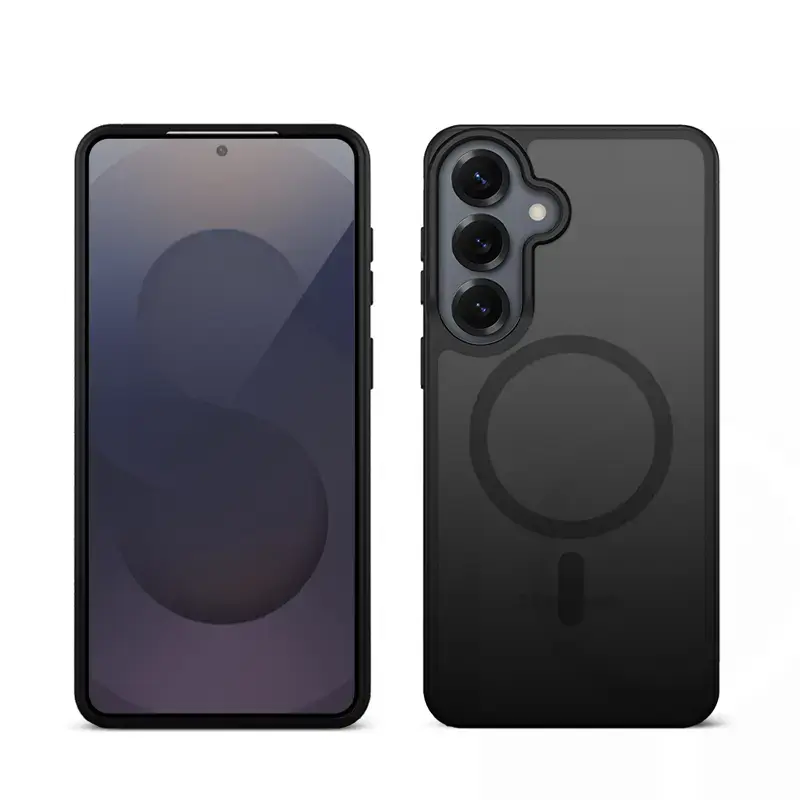 Funda magnética Crong Hybrid Matte para Samsung Galaxy S25 — TPU+PC, anillos magnéticos, negro