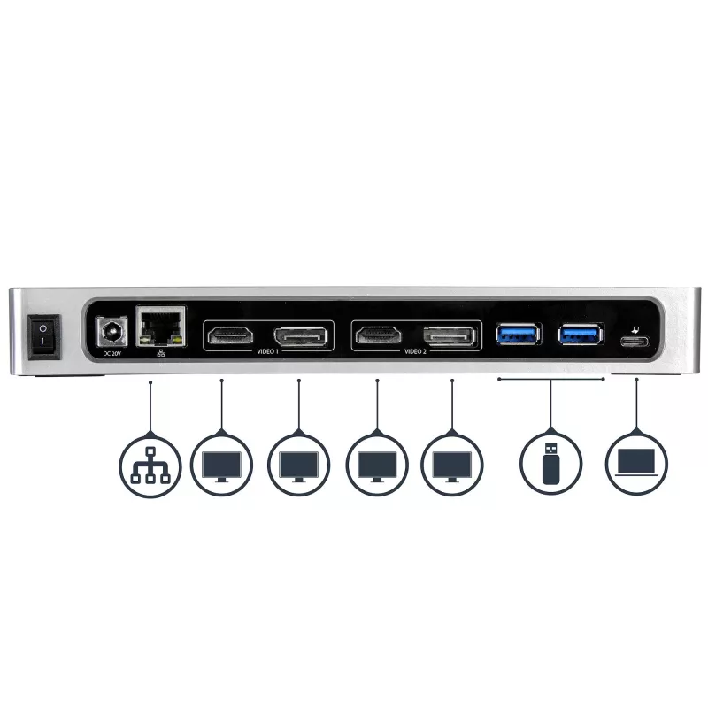 StarTech.com dock USB-C y USB-A - dock dual monitor 4K 60Hz DisplayPort + HDMI - estación de acoplamiento USB 3.0 híbrida para portátiles USB-C o USB-A - 6x USB Type-A, GbE - USB 3.1 Gen 1 - Mac/Windows