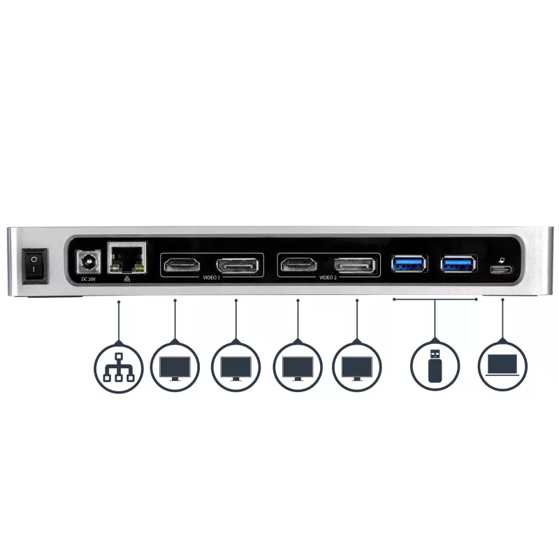 StarTech.com dock USB-C y USB-A - dock dual monitor 4K 60Hz DisplayPort + HDMI - estación de acoplamiento USB 3.0 híbrida para portátiles USB-C o USB-A - 6x USB Type-A, GbE - USB 3.1 Gen 1 - Mac/Windows
