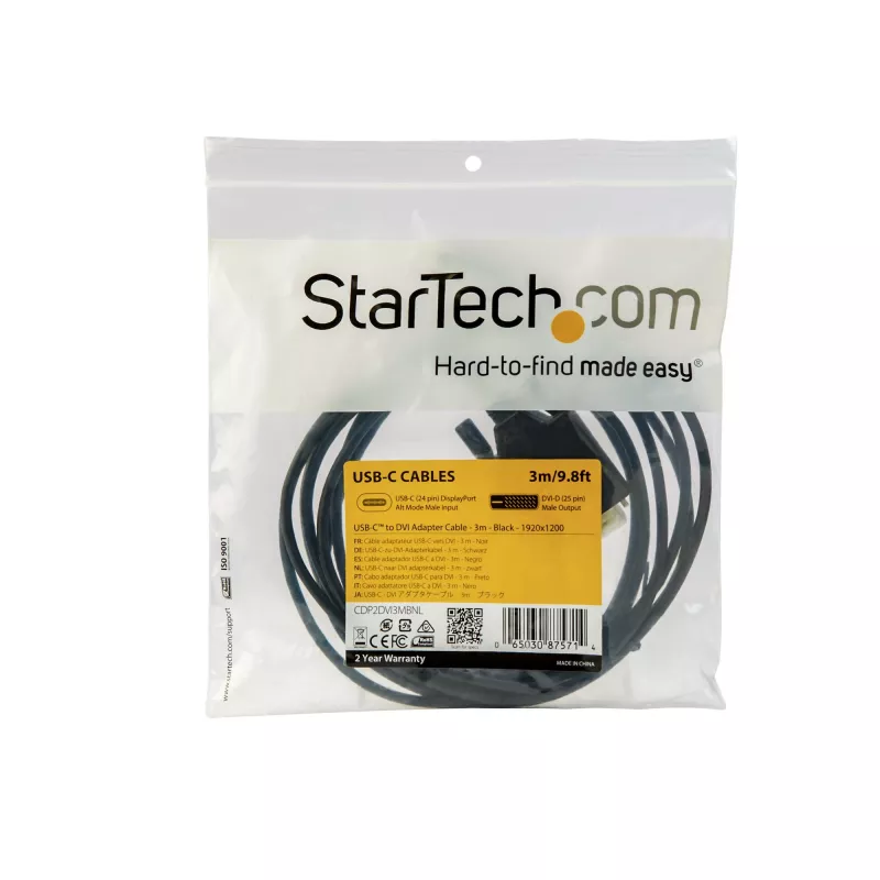 StarTech.com cable USB-C a DVI de 10ft (3m) – 1080p (Single Link) cable adaptador USB Type-C (DP Alt Mode HBR2) a vídeo digital DVI – funciona con Thunderbolt 3 – portátil a monitor/pantalla DVI