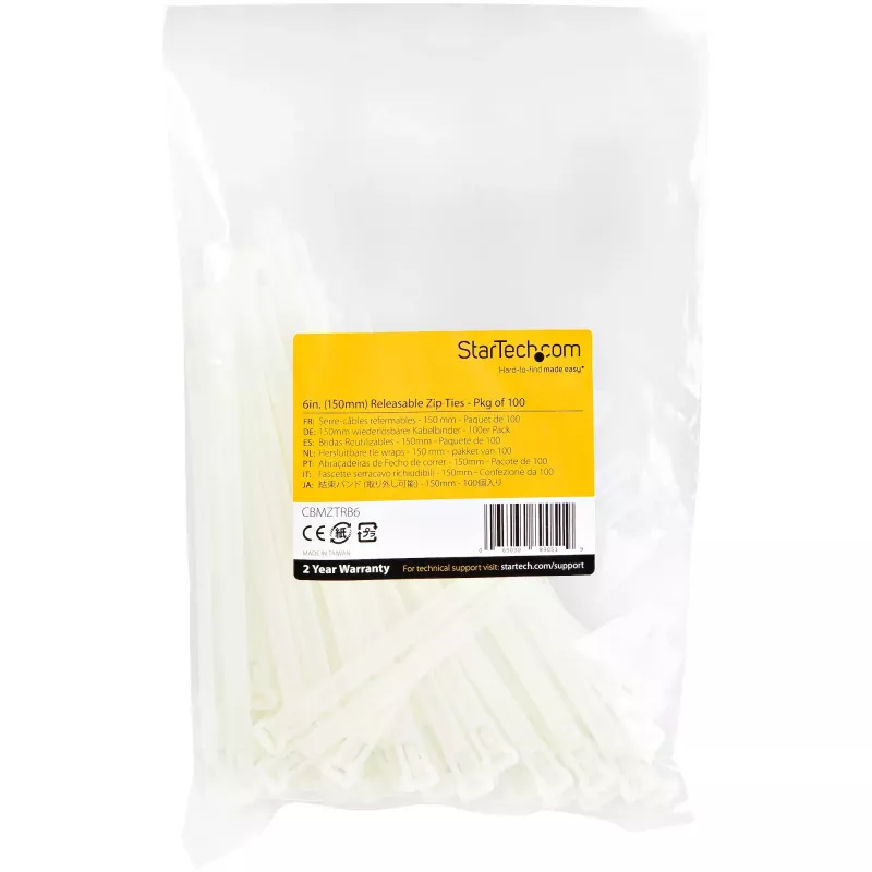 StarTech.com bridas reutilizables de 15 cm – 7 mm de ancho, 35 mm de diámetro de haz, 22 kg de resistencia a la tracción, bridas de nailon desmontables, interior/exterior, 94V-2/UL listado, 100 uds. – blanco