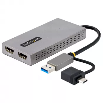 StarTech.com adaptador USB a dual HDMI, USB-A/C a 2 pantallas HDMI (1x 4K30Hz, 1x 1080p), dongle USB-A a C integrado, cable de 11 cm, adaptador USB 3.0 a pantalla HDMI, Windows y macOS