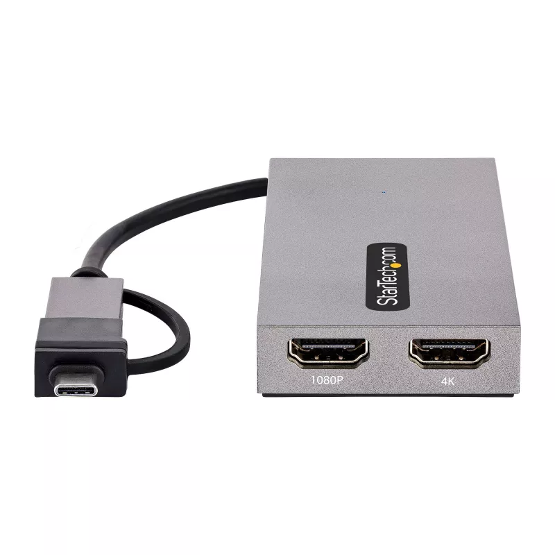 StarTech.com adaptador USB a dual HDMI, USB-A/C a 2 pantallas HDMI (1x 4K30Hz, 1x 1080p), dongle USB-A a C integrado, cable de 11 cm, adaptador USB 3.0 a pantalla HDMI, Windows y macOS