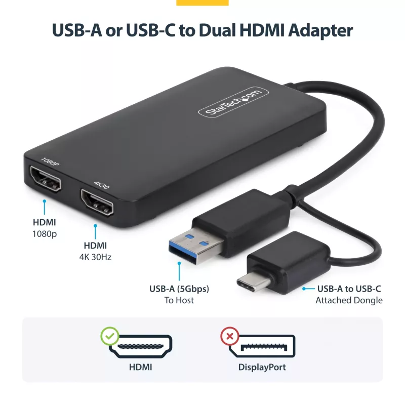 StarTech.com adaptador USB a dual HDMI, USB-A/C a 2 pantallas HDMI (1x 4K30Hz, 1x 1080p), dongle USB-A a C integrado, cable de 11 cm, adaptador USB 3.0 a pantalla HDMI, Windows y macOS