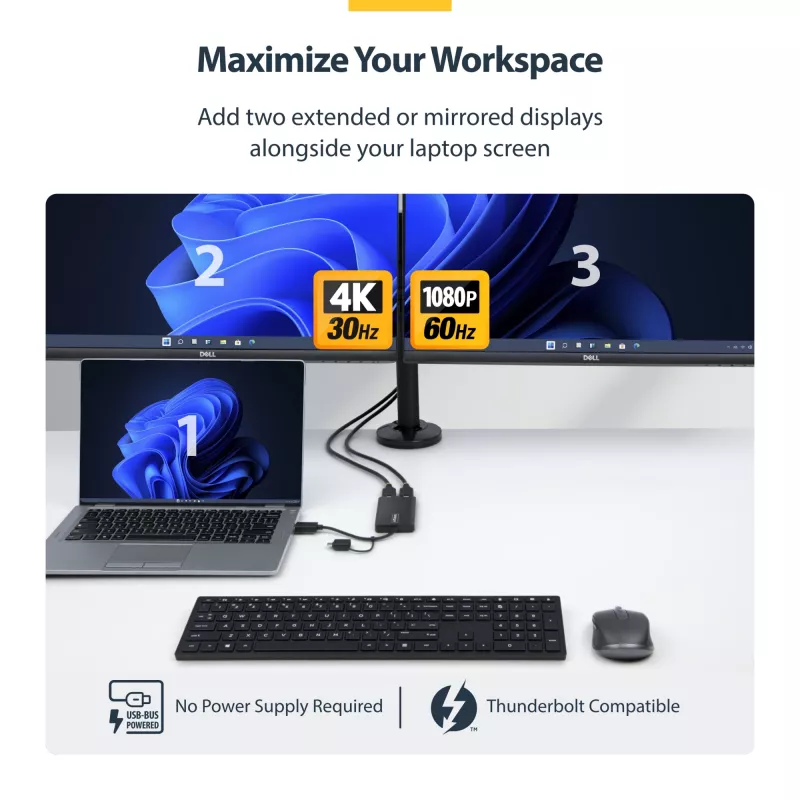 StarTech.com adaptador USB a dual HDMI, USB-A/C a 2 pantallas HDMI (1x 4K30Hz, 1x 1080p), dongle USB-A a C integrado, cable de 11 cm, adaptador USB 3.0 a pantalla HDMI, Windows y macOS