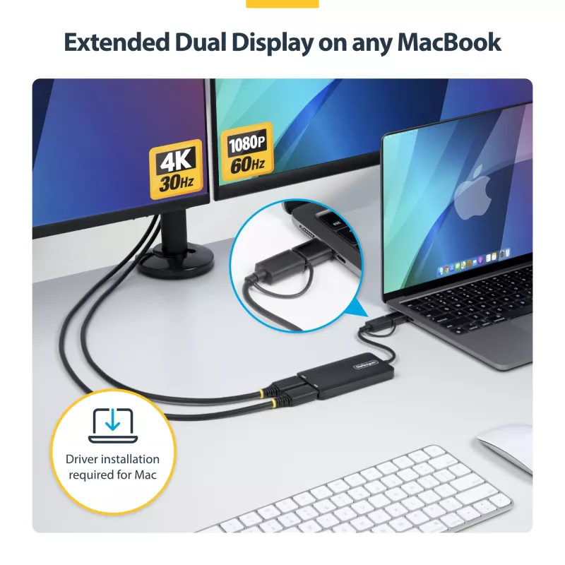 StarTech.com adaptador USB a dual HDMI, USB-A/C a 2 pantallas HDMI (1x 4K30Hz, 1x 1080p), dongle USB-A a C integrado, cable de 11 cm, adaptador USB 3.0 a pantalla HDMI, Windows y macOS