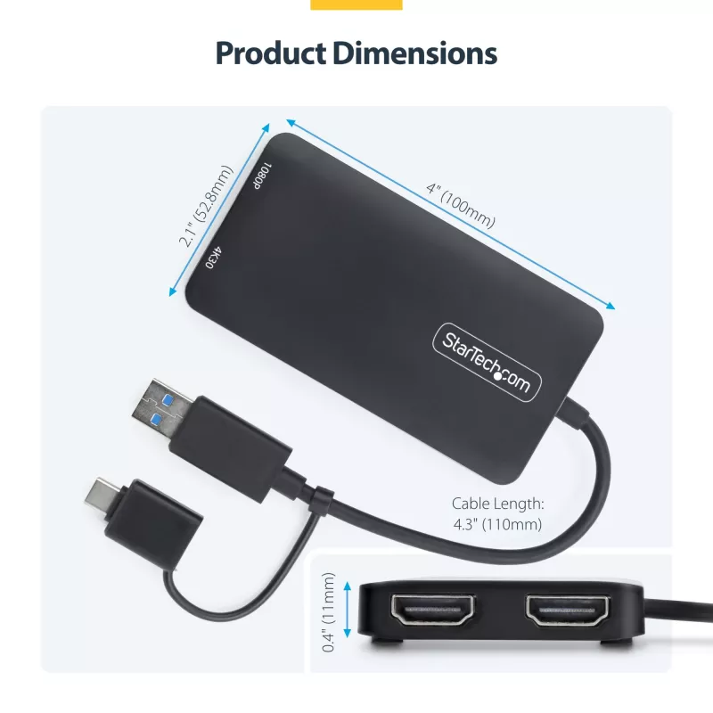 StarTech.com adaptador USB a dual HDMI, USB-A/C a 2 pantallas HDMI (1x 4K30Hz, 1x 1080p), dongle USB-A a C integrado, cable de 11 cm, adaptador USB 3.0 a pantalla HDMI, Windows y macOS