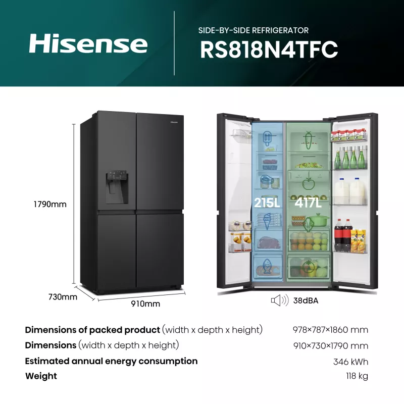 Hisense RS818N4TFC Frigorífico side-by-side Independiente 632 L Negro, Acero inoxidable
