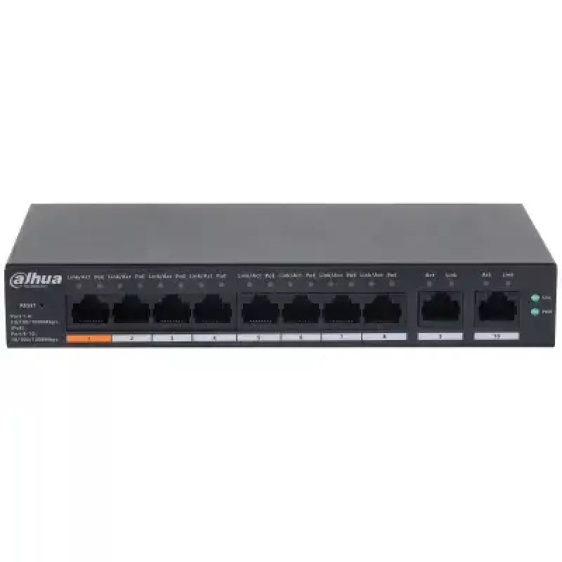 Switch Gigabit PoE gestionado L2 DAHUA CS4010-8GT-60 — 10x Gigabit (10/100/1000), 20 Gbit/s, 8000 MAC, montaje en sobremesa/pared, negro