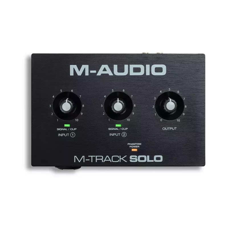 Interfaz de audio M-Audio M-Track Solo — USB 16 bits/48 kHz, 1 entrada/1 salida, conector combinado XLR/TRS y entrada de instrumento, alimentación fantasma de 48 V, salida de auriculares