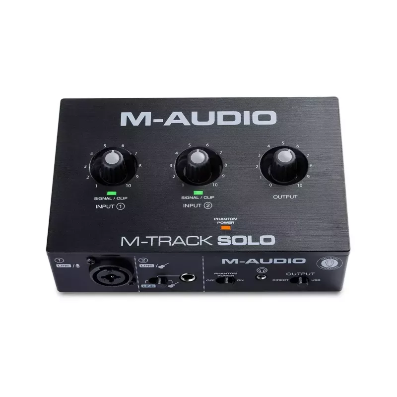 Interfaz de audio M-Audio M-Track Solo — USB 16 bits/48 kHz, 1 entrada/1 salida, conector combinado XLR/TRS y entrada de instrumento, alimentación fantasma de 48 V, salida de auriculares