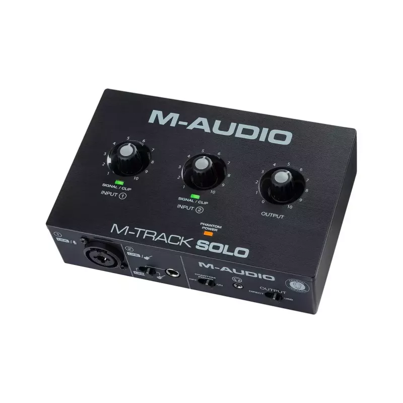 Interfaz de audio M-Audio M-Track Solo — USB 16 bits/48 kHz, 1 entrada/1 salida, conector combinado XLR/TRS y entrada de instrumento, alimentación fantasma de 48 V, salida de auriculares