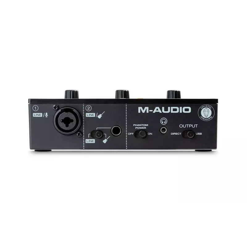 Interfaz de audio M-Audio M-Track Solo — USB 16 bits/48 kHz, 1 entrada/1 salida, conector combinado XLR/TRS y entrada de instrumento, alimentación fantasma de 48 V, salida de auriculares
