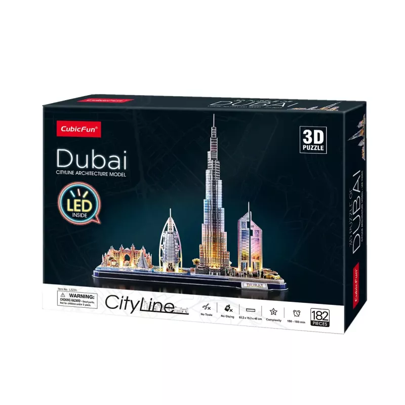 Puzle 3D CubicFun City Line Dubai LED, 182 piezas, 532×48 mm, a partir de 10 años