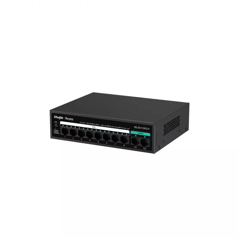 Switch PoE no gestionado RUIJIE RG-ES110FG-P — 10 puertos Gigabit (10/100/1000) con 1 SFP, 120W, 20 Gbps conmutación