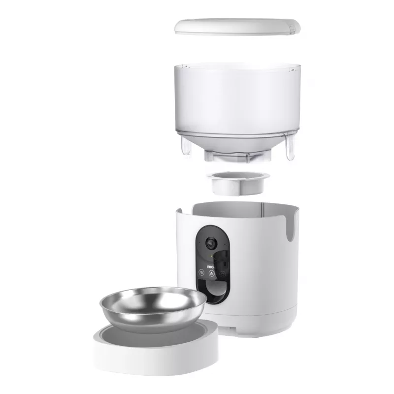 Comedero automático IMOU PF1 — tolva de acero inoxidable de 4 L, Wi‑Fi 4, batería/corriente continua, 1 cuenco