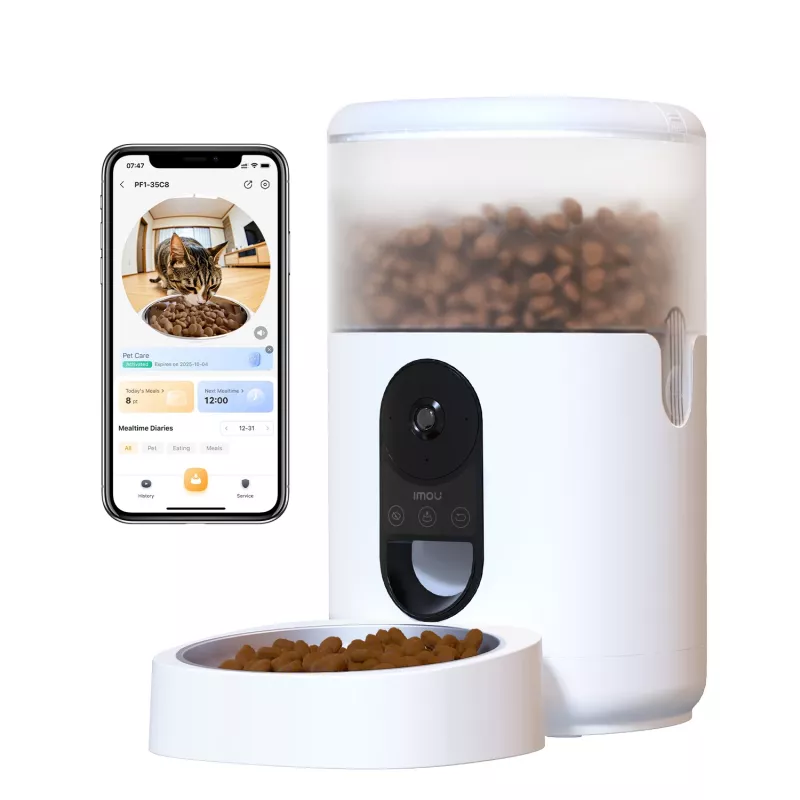 Comedero automático IMOU PF1 — tolva de acero inoxidable de 4 L, Wi‑Fi 4, batería/corriente continua, 1 cuenco