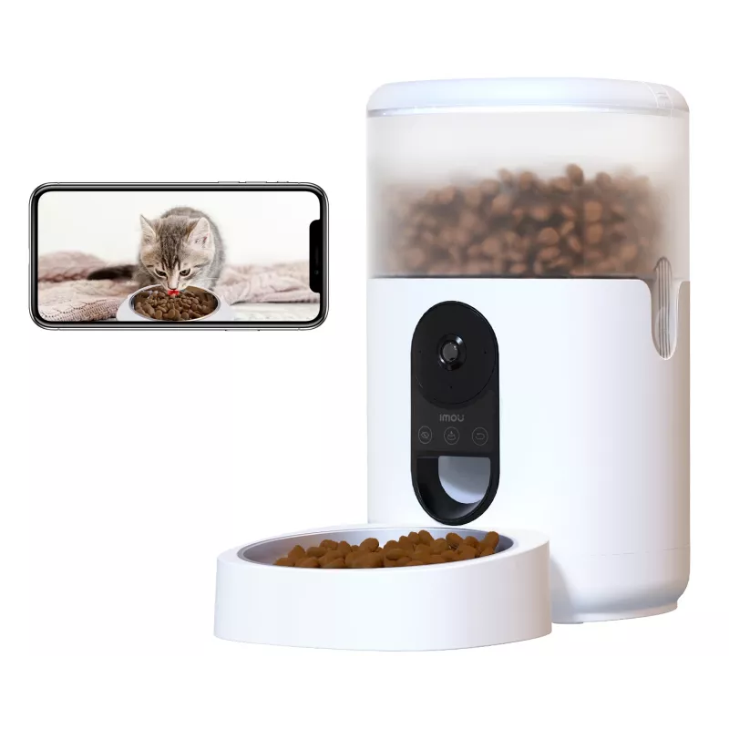 Comedero automático IMOU PF1 — tolva de acero inoxidable de 4 L, Wi‑Fi 4, batería/corriente continua, 1 cuenco