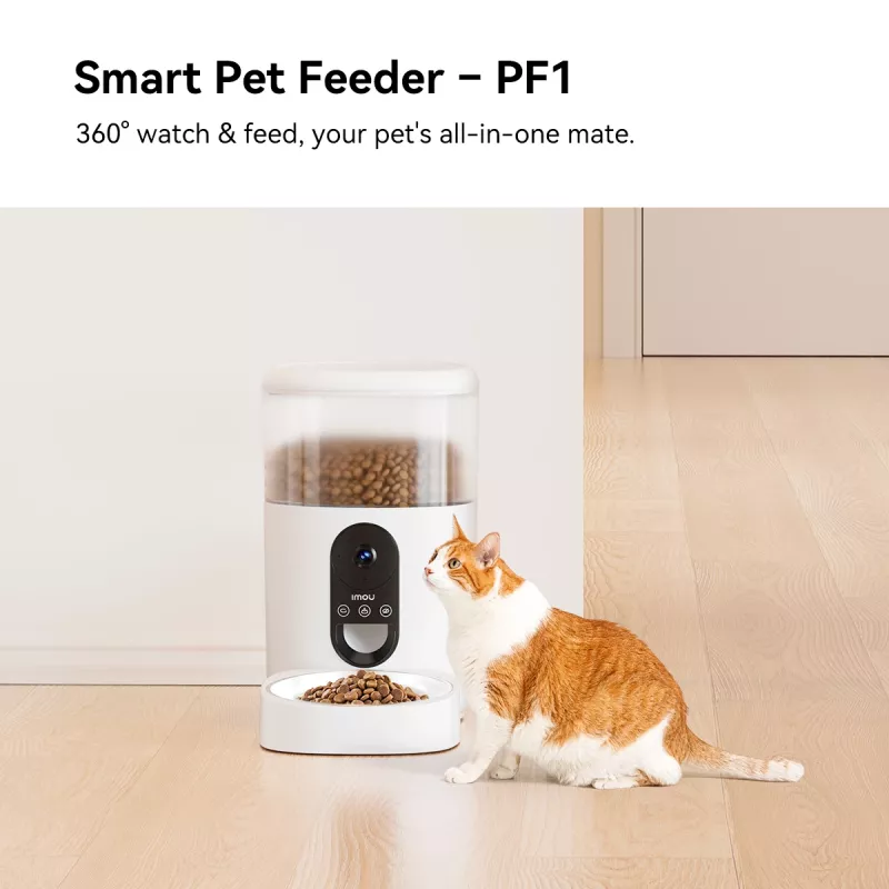 Comedero automático IMOU PF1 — tolva de acero inoxidable de 4 L, Wi‑Fi 4, batería/corriente continua, 1 cuenco