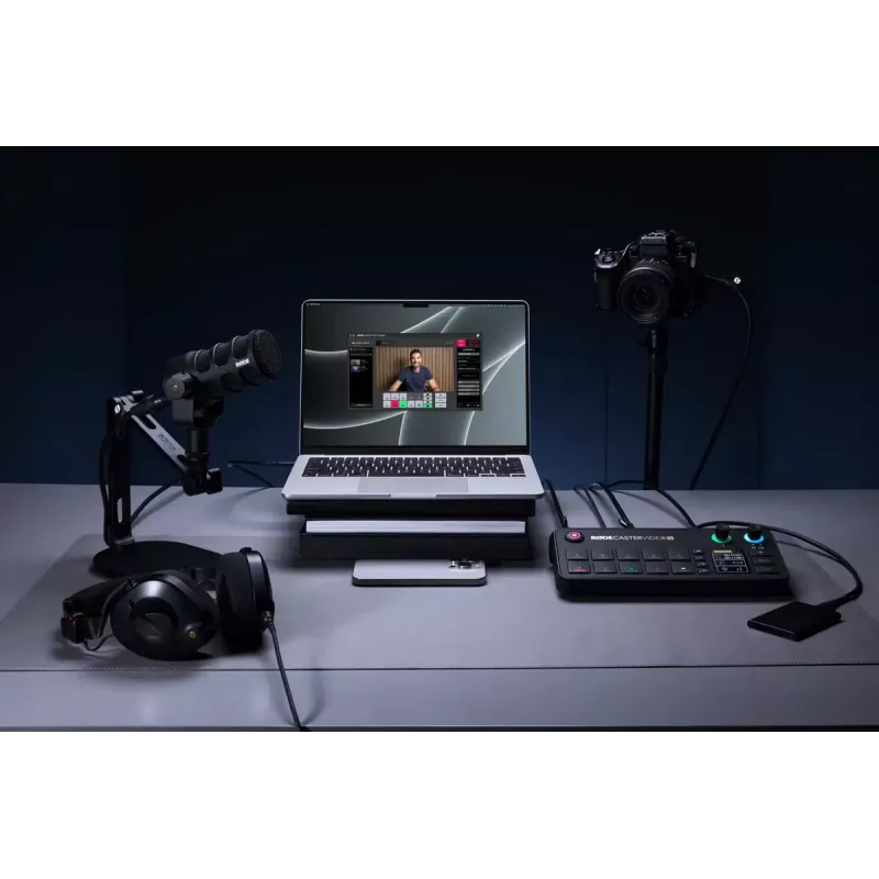 Consola de producción mult canal para podcast y livestream Rode RodeCaster Video S RCVS-E – pantalla táctil Wi‑Fi Bluetooth 5.3 5x USB-C 3x entrada HDMI 1x salida HDMI microSD
