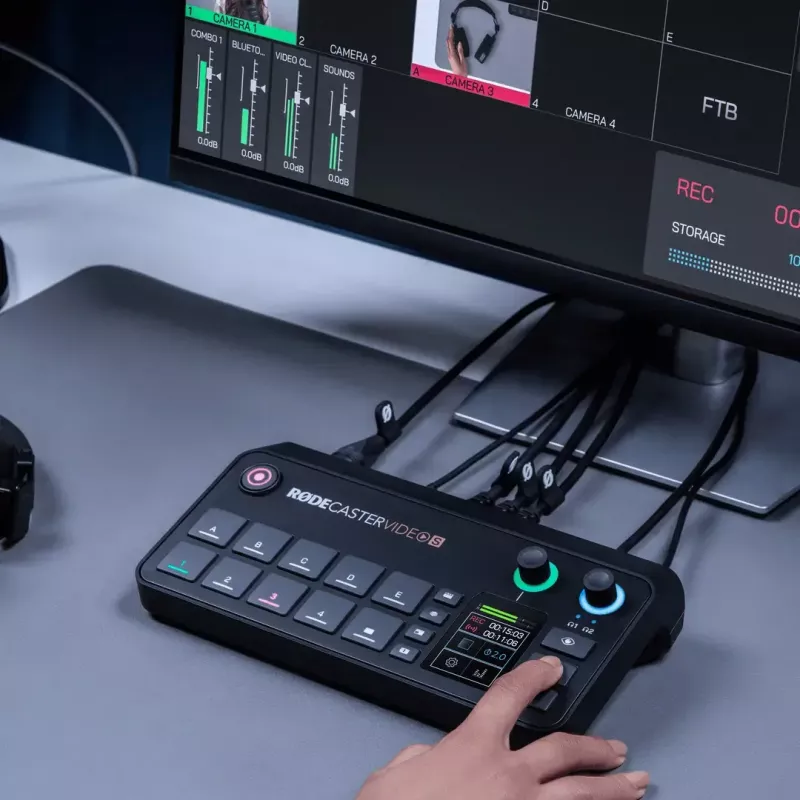 Consola de producción mult canal para podcast y livestream Rode RodeCaster Video S RCVS-E – pantalla táctil Wi‑Fi Bluetooth 5.3 5x USB-C 3x entrada HDMI 1x salida HDMI microSD