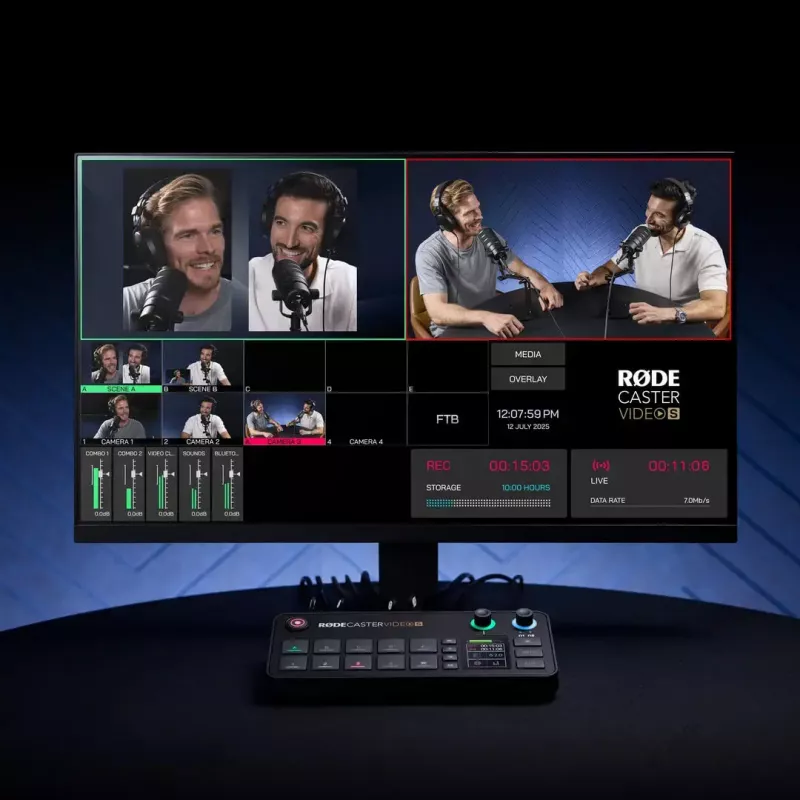 Consola de producción mult canal para podcast y livestream Rode RodeCaster Video S RCVS-E – pantalla táctil Wi‑Fi Bluetooth 5.3 5x USB-C 3x entrada HDMI 1x salida HDMI microSD