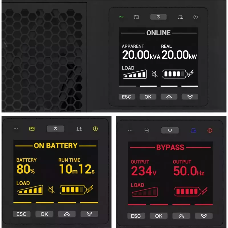 APC Smart-UPS On-Line, 15kVA/15kW, Rack/Torre, 230V/380V...415V, cableado fijo 5 hilos(3P+N+E)+3 hilos(1P+N+E), tarjeta de red, sin kit de raíles