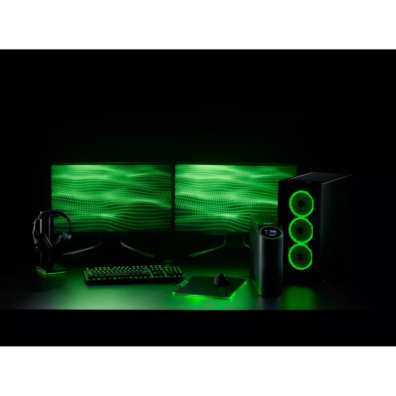 APC Back-UPS Pro for Gaming, 2200VA/1320W, torre, 230V, 2x UK y 2x IEC C13 salidas, luces RGB, onda sinusoidal pura, Midnight (negro)
