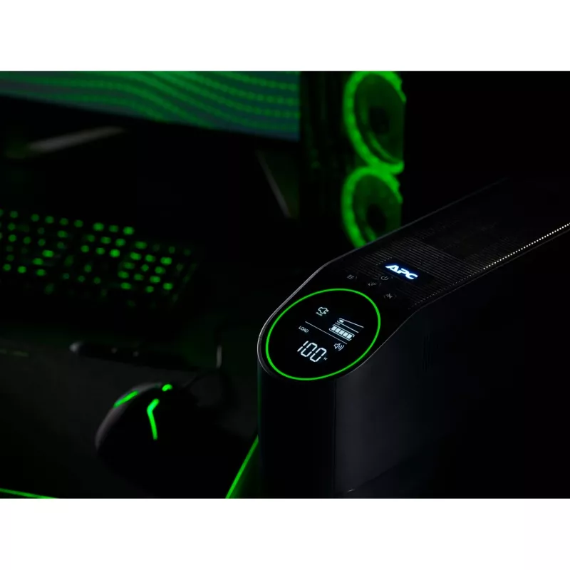 APC Back-UPS Pro for Gaming, 2200VA/1320W, torre, 230V, 2x UK y 2x IEC C13 salidas, luces RGB, onda sinusoidal pura, Midnight (negro)