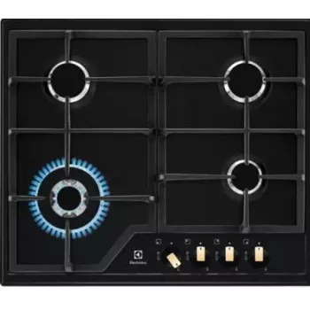 Placa de gas Electrolux EGS6436RK 4 fuegos negra, Wok 4000W, soportes de hierro fundido, mandos giratorios