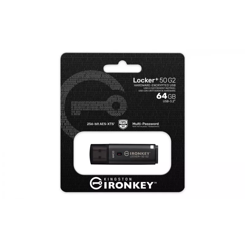 Memoria USB KINGSTON IronKey Locker Plus 50 G2 64 GB, USB Type-A, USB 3.2 Gen 1, AES-256, FIPS 197