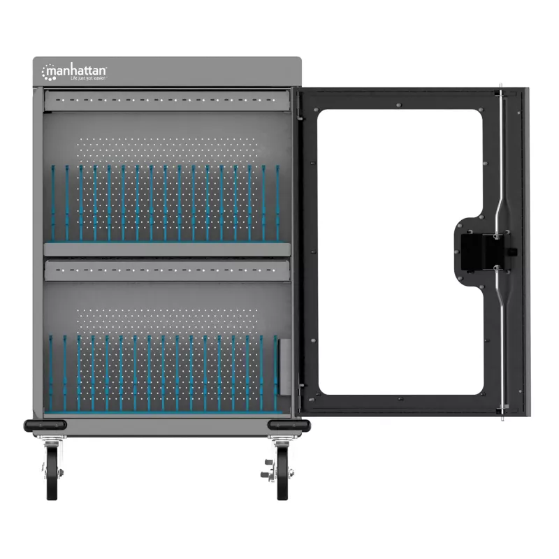 Manhattan Carro de carga de 32 unidades por USB-C para iPad hasta 13 pulgadas, MacBook Air hasta 15 pulgadas y Chromebook 15,6 pulgadas, también otros tablets/smartphones (con cable dispositivo a USB-C), compartimentos 404x27,6x283mm, cable de carga para dispositivos no incluido (cable USB-C recomendado 354868), carcasa