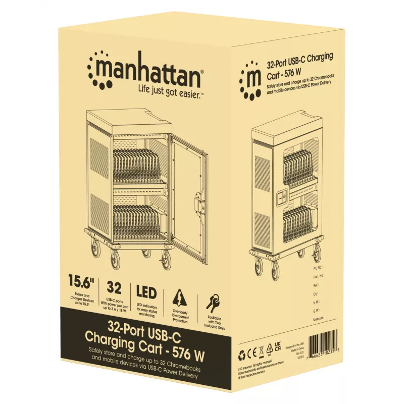 Manhattan Carro de carga de 32 unidades por USB-C para iPad hasta 13 pulgadas, MacBook Air hasta 15 pulgadas y Chromebook 15,6 pulgadas, también otros tablets/smartphones (con cable dispositivo a USB-C), compartimentos 404x27,6x283mm, cable de carga para dispositivos no incluido (cable USB-C recomendado 354868), carcasa