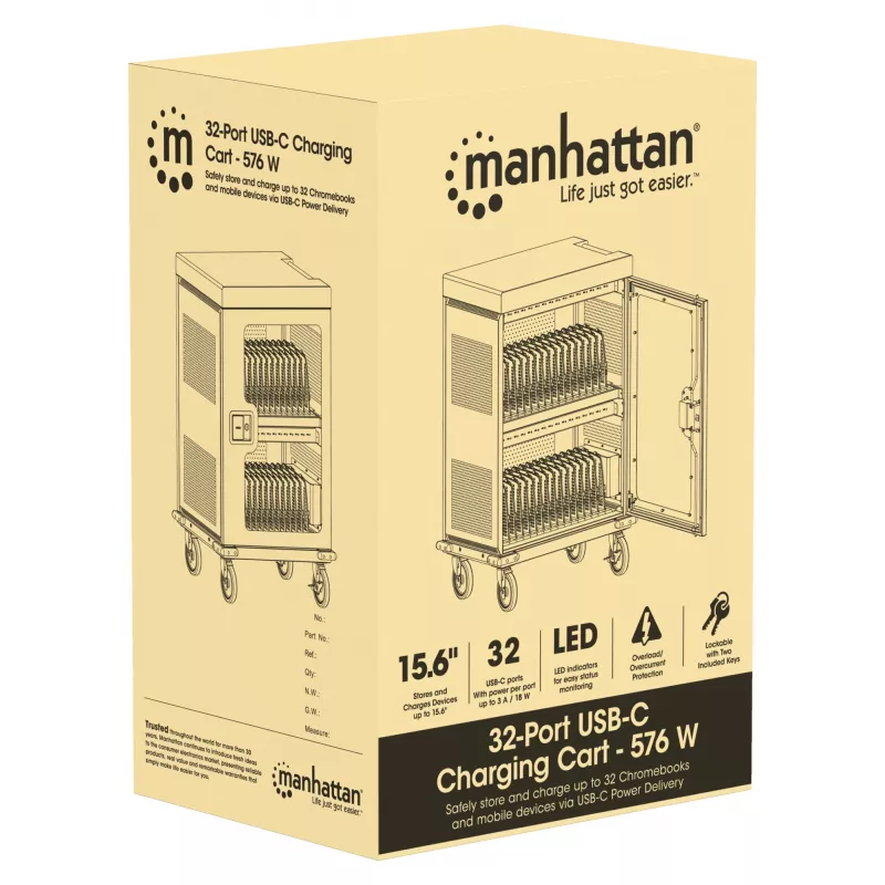 Manhattan Carro de carga de 32 unidades por USB-C para iPad hasta 13 pulgadas, MacBook Air hasta 15 pulgadas y Chromebook 15,6 pulgadas, también otros tablets/smartphones (con cable dispositivo a USB-C), compartimentos 404x27,6x283mm, cable de carga para dispositivos no incluido (cable USB-C recomendado 354868), carcasa