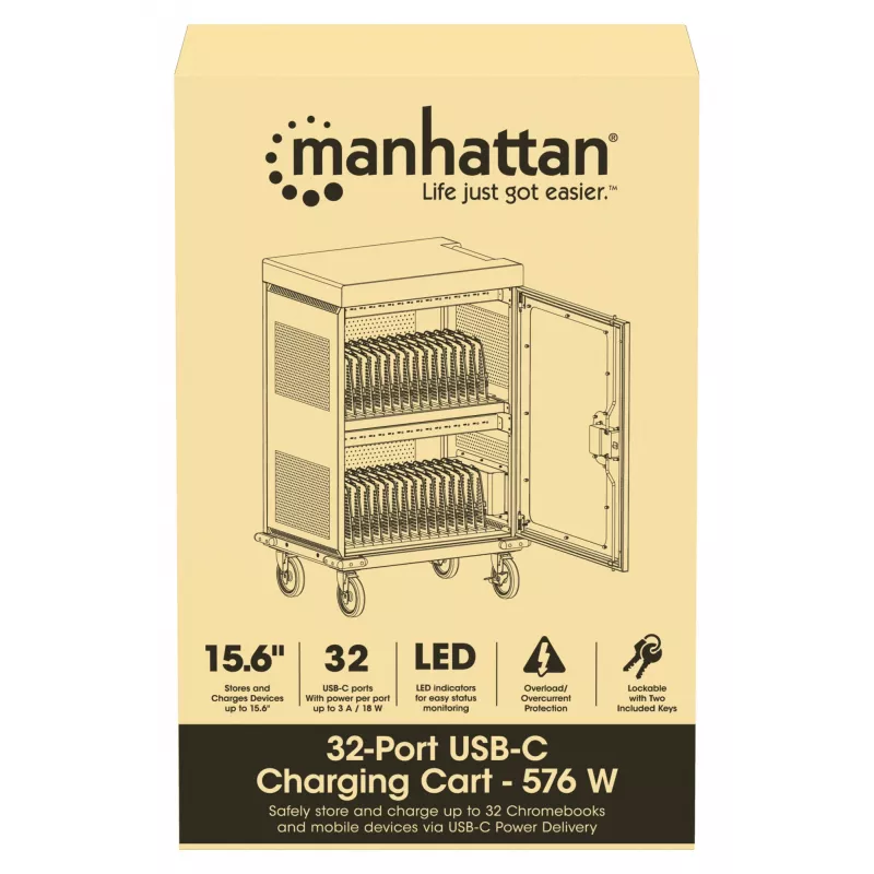 Manhattan Carro de carga de 32 unidades por USB-C para iPad hasta 13 pulgadas, MacBook Air hasta 15 pulgadas y Chromebook 15,6 pulgadas, también otros tablets/smartphones (con cable dispositivo a USB-C), compartimentos 404x27,6x283mm, cable de carga para dispositivos no incluido (cable USB-C recomendado 354868), carcasa