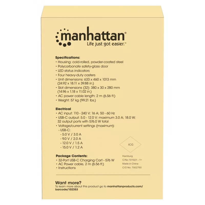 Manhattan Carro de carga de 32 unidades por USB-C para iPad hasta 13 pulgadas, MacBook Air hasta 15 pulgadas y Chromebook 15,6 pulgadas, también otros tablets/smartphones (con cable dispositivo a USB-C), compartimentos 404x27,6x283mm, cable de carga para dispositivos no incluido (cable USB-C recomendado 354868), carcasa