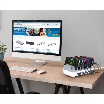 Manhattan Estación de carga USB-C de 10 puertos, salida USB-C: 10x 20 W, máx. 200 W, alimentación de red AC (incl. adaptador US/EU/UK)