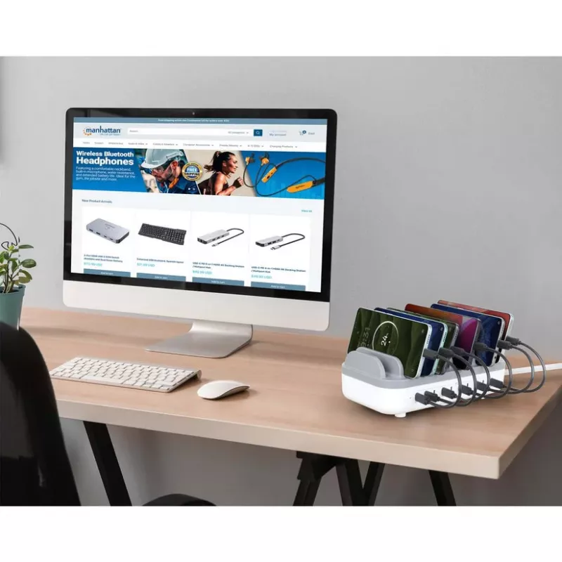 Manhattan Estación de carga USB-C de 10 puertos, salida USB-C: 10x 20 W, máx. 200 W, alimentación de red AC (incl. adaptador US/EU/UK)