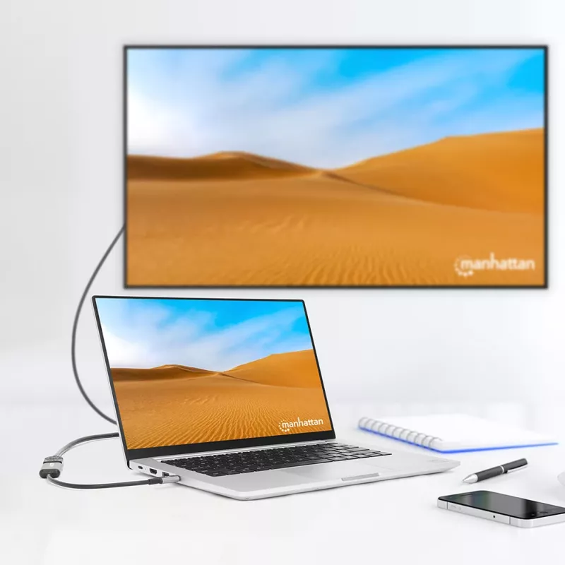 Manhattan Cable USB-C a HDMI, 4K@60Hz, 5 Gbit/s (USB 3.2 Gen1 alias USB 3.0), 15 cm, Negro, conector macho a conector hembra, tres años de garantía
